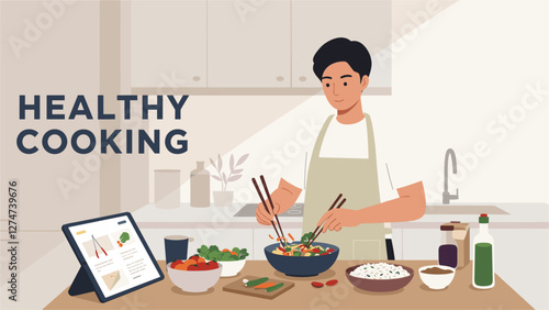 Man preparing Asian traditional food for healthy cooking concept. Colorful minimalist flat design vector