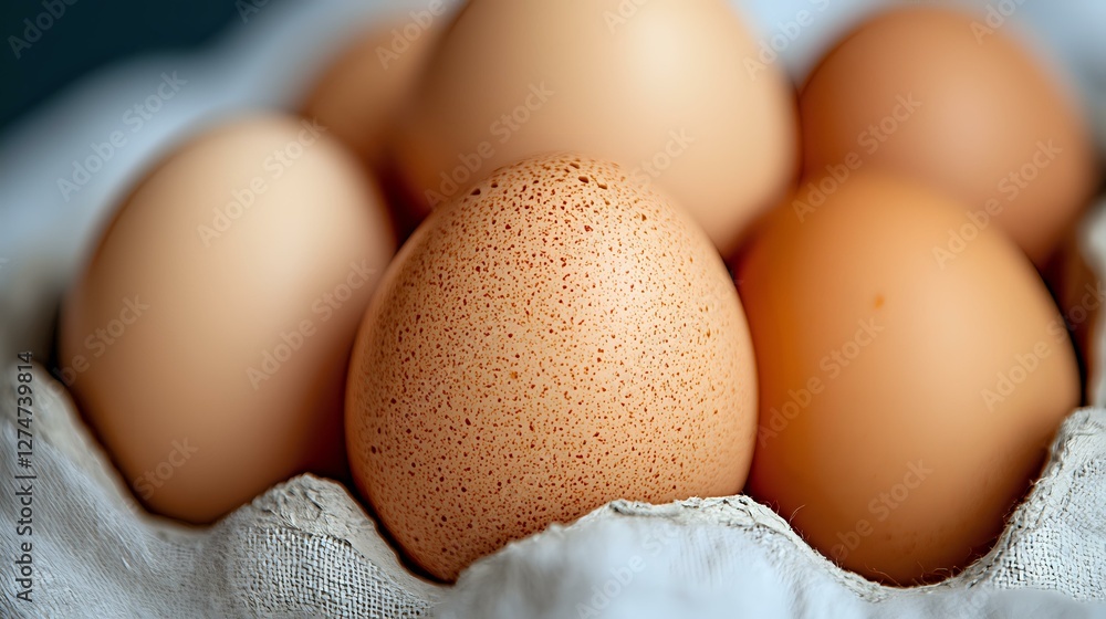 Fresh brown chicken eggs in cardboard carton, selective focus on speckled egg in foreground, soft natural lighting creates gentle shadows. Fresh brown chicken eggs in cardboard carton, selective focus on speckled egg in foreground, soft natural lighting creates gentle shadows.
