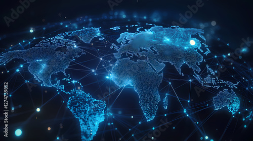 Abstract digital map of the world with glowing lights and connections, representing global connectivity