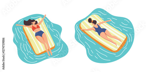 Woman swim in pool on inflatable mattress. Vector clipart illustration on isolated background.