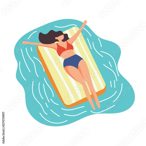 Woman swim in pool on inflatable mattress. Vector clipart illustration on isolated background.
