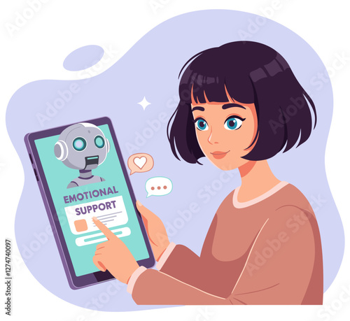 Woman using AI assistance for emotional support. Mental health concept