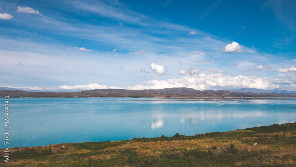 Lake pukaki new zealand gorgeous mirror calm still blue iconic picturesque scenery Lake pukaki new zealand gorgeous mirror calm still blue iconic picturesque scenery