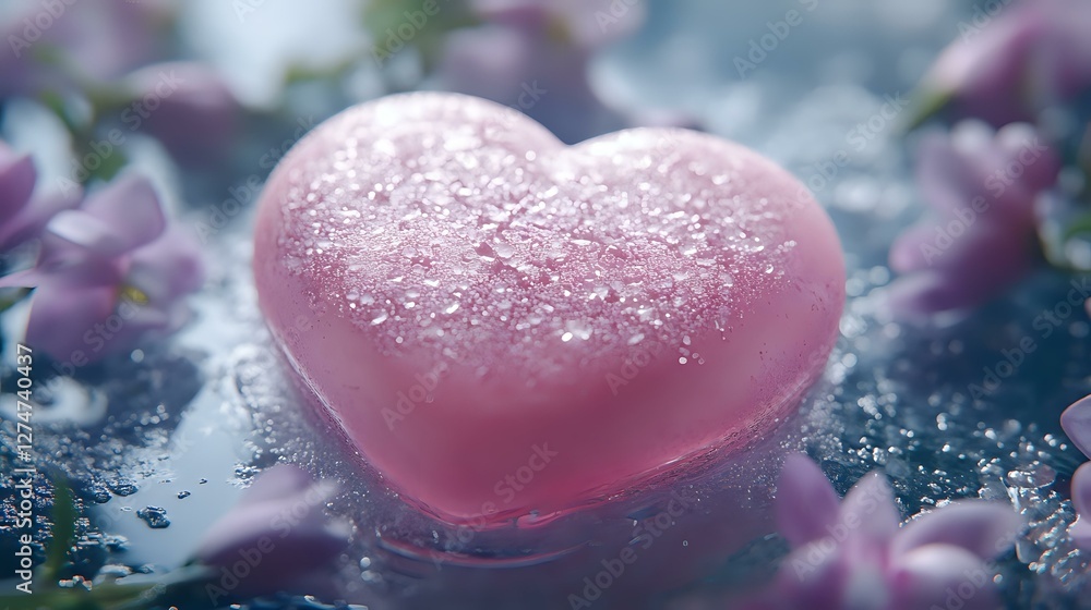 Fototapeta premium Pink heart covered in sparkling frost crystals against dark background with soft purple flowers, creating romantic winter atmosphere for Valentine's Day designs.