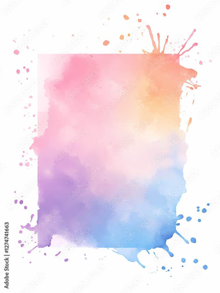 Obraz premium Abstract watercolor background with colorful pastel color splashes and a white frame for design