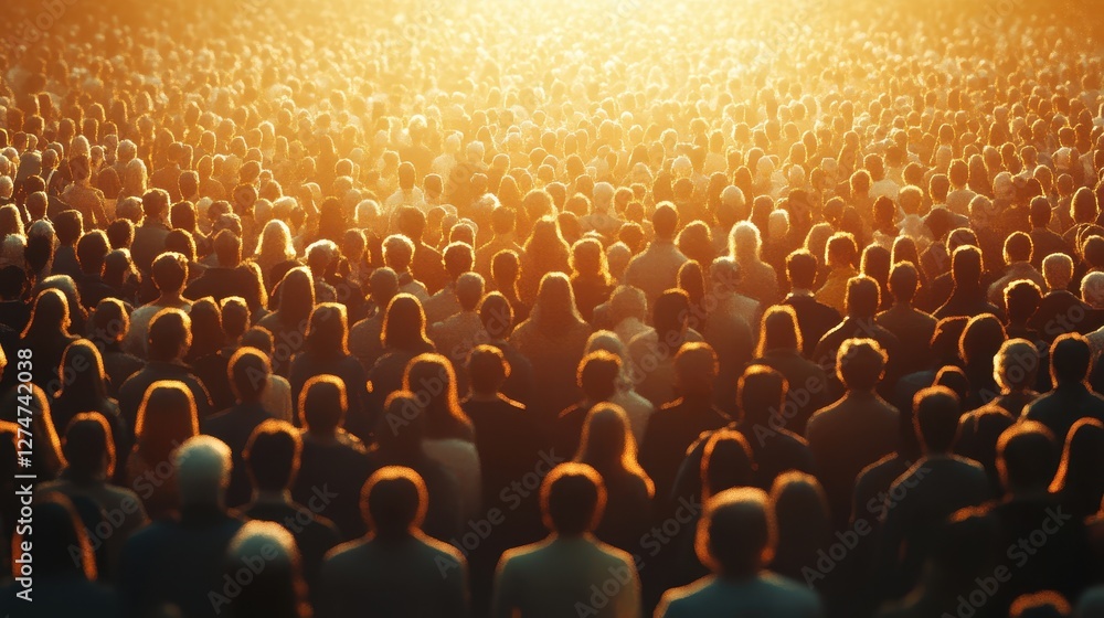 Obraz premium Large crowd of diverse people gathered outdoors in warm sunlight