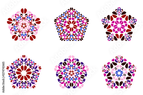 Isolated ornate gemstone ornament pentagon symbol set - pentagonal colorful ornamental abstract vector elements from curved stones