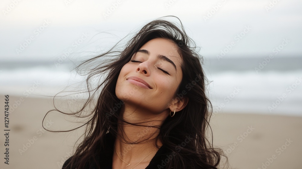 Woman, serene, beach, windblown hair, ocean background, relaxation Woman, serene, beach, windblown hair, ocean background, relaxation