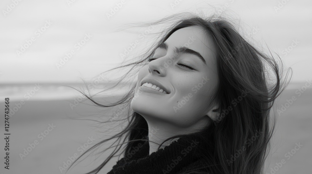 Woman smiling, windswept hair, beach, ocean background; freedom, calm Woman smiling, windswept hair, beach, ocean background; freedom, calm