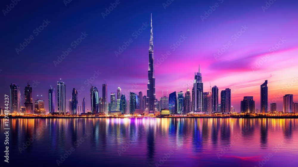 Obraz premium Stunning skyline at dusk showcasing modern skyscrapers with colorful reflections on the water, highlighting architectural marvels and urban beauty in a vibrant cityscape.
