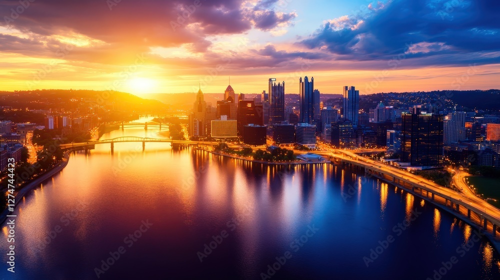 Fototapeta premium Stunning sunset view of a modern city skyline reflecting on a river