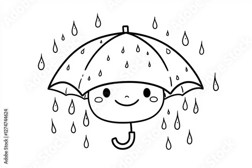 Tiny umbrella with a smiling face, surrounded by raindrops.