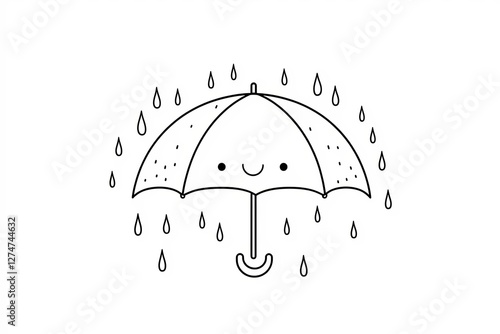 Tiny umbrella with a smiling face, surrounded by raindrops.