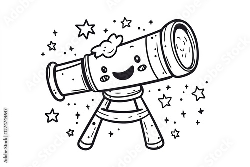 Tiny telescope with a happy face, surrounded by tiny stars.