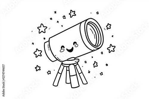 Tiny telescope with a happy face, surrounded by tiny stars.