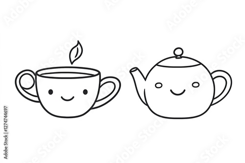 Tiny teapot with a smiling face, holding a small cup.