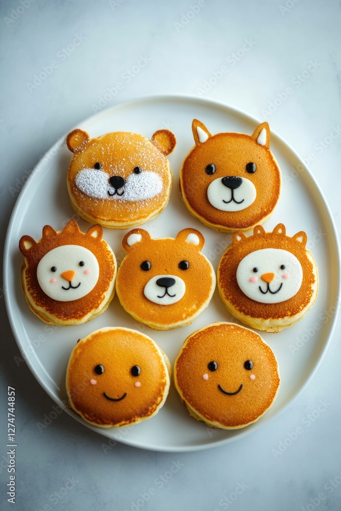 A delightful assortment of bear-shaped pancakes, featuring cute animal faces made from fruit and toppings. Perfect for a whimsical breakfast or children's party. A delightful assortment of bear-shaped pancakes, featuring cute animal faces made from fruit and toppings. Perfect for a whimsical breakfast or children's party.