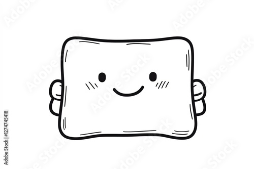 Little pillow with a smiling face, holding a tiny blanket.