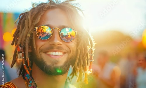 man flowing dreadlocks, dressed in an eccentric mix of tie-dye, fringes, and neon accessories, exuding festival energy.