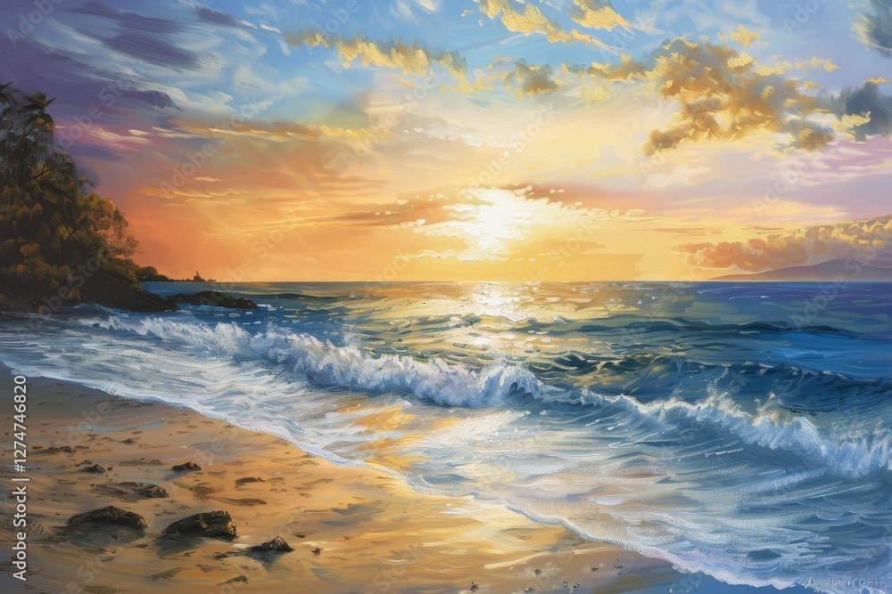 Obraz premium Vibrant sunset casts golden hues over calm ocean waves at a picturesque beach during early evening