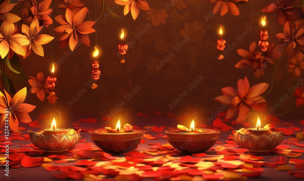 A cartoon of Rich red and gold Diwali theme with oil lamps, flower petals, and glowing ornaments Elegant festival, Diwali decor A cartoon of Rich red and gold Diwali theme with oil lamps, flower petals, and glowing ornaments Elegant festival, Diwali decor