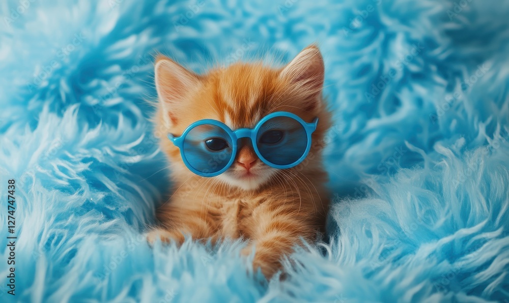 A charming ginger kitten with blue sunglasses posed against a fluffy blue backdrop. A charming ginger kitten with blue sunglasses posed against a fluffy blue backdrop.
