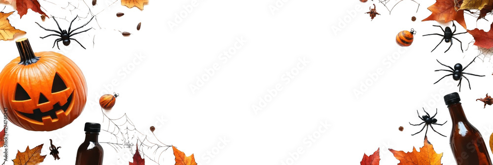 Elegant top view arrangement of Halloween decorations featuring pumpkins, spiders, and leaves on a transparent background for festive designs Elegant top view arrangement of Halloween decorations featuring pumpkins, spiders, and leaves on a transparent background for festive designs