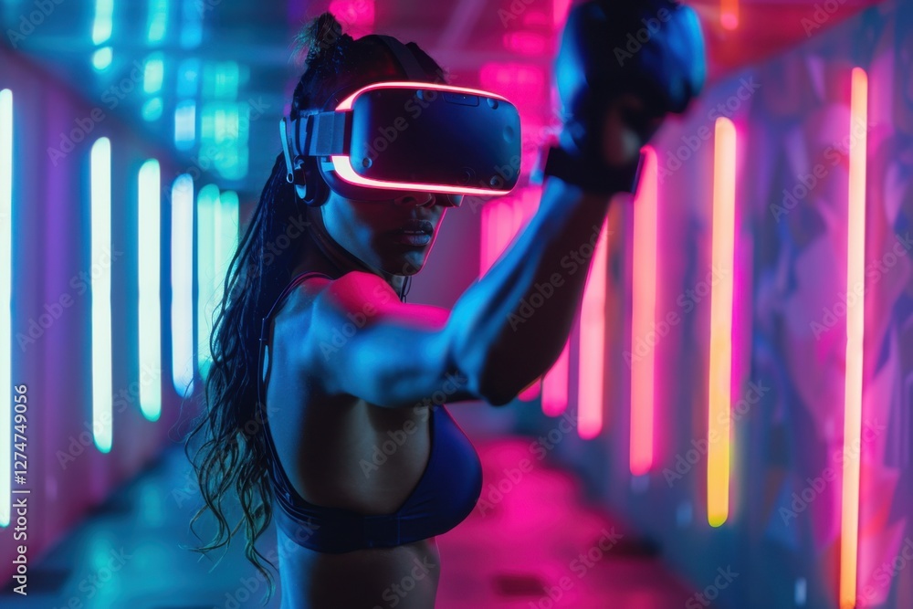 High-flying VR action: man performing a kick, neon lights adding a vibrant touch. High-flying VR action: man performing a kick, neon lights adding a vibrant touch.