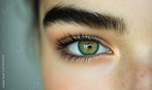 Close-up of green eye with bold eyebrow, natural look. photo