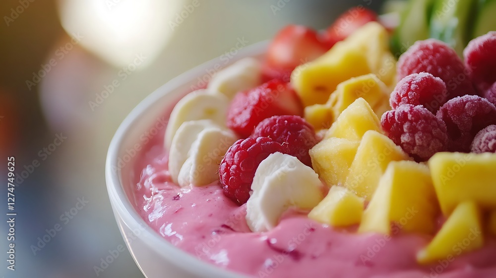 Delicious Pink Smoothie Bowl Topped with Fresh Berries and Pineapple Delicious Pink Smoothie Bowl Topped with Fresh Berries and Pineapple