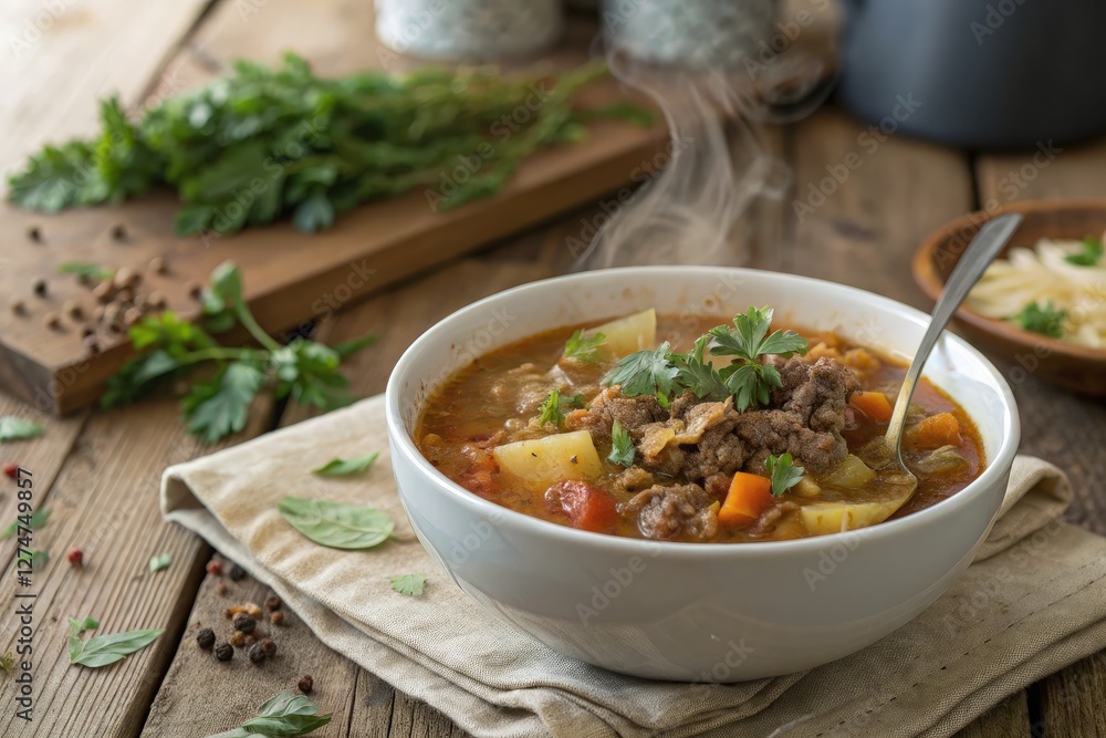 Savory Ground Beef and Cabbage Soup Steaming in a Bowl. Generative AI Savory Ground Beef and Cabbage Soup Steaming in a Bowl. Generative AI