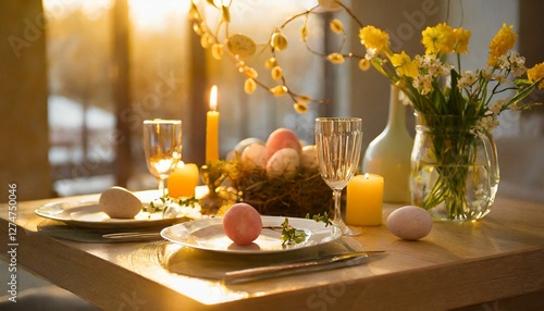 A beautifully arranged Easter dinner glows in warm light on a modern, stylish table. Elegant decor, pastel hues, and cozy ambiance create a festive, inviting, and Instagram-worthy feast. photo