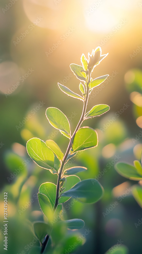 Fototapeta premium Close-up of vibrant green leaves thriving on a delicate branch, bathed in the warm glow of golden sunlight