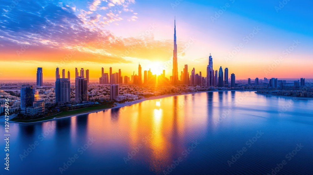 Fototapeta premium A stunning skyline view of a modern city at sunset, showcasing tall skyscrapers reflected in the calm waters. The vibrant colors of the sky create a breathtaking urban landscape.