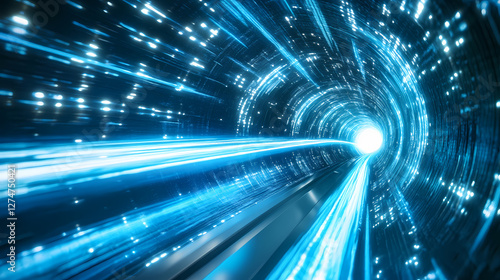 Futuristic warp tunnel with vibrant blue and white streaks, neon colors, high-speed light trails, immersive 3d rendering, dynamic sci-fi design. Electric Aurora Vortex. Illustration