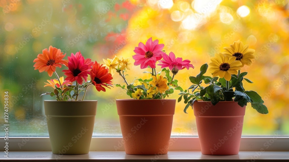 Three flower pots with vibrant blooms sitting on a windowsill, framed by a blurred autumn landscape in the background. Three flower pots with vibrant blooms sitting on a windowsill, framed by a blurred autumn landscape in the background.