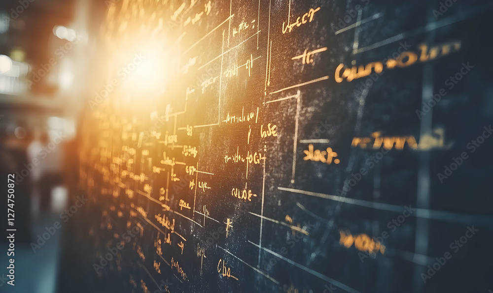 Fototapeta premium Mathematical formulas on chalkboard, industrial background, knowledge, research, education