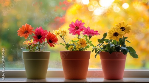 Wallpaper Mural Three flower pots with vibrant blooms sitting on a windowsill, framed by a blurred autumn landscape in the background. Torontodigital.ca
