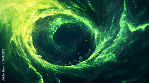Swirling neon green energy waves on a dark abstract background with geometric shapes and vibrant colors, glowing, cosmic. Electric Aurora Vortex. Illustration