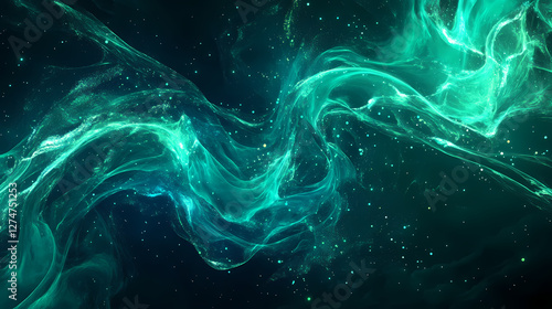 Swirling neon green energy waves on a dark abstract background with geometric shapes and vibrant colors, glowing, cosmic. Electric Aurora Vortex. Illustration