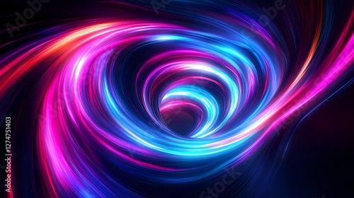 Vibrant abstract swirl of colorful light trails on a dark background, creating dynamic and fluid motion resembling neon waves. Electric Aurora Vortex. Illustration