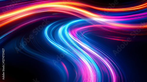 Vibrant abstract swirl of colorful light trails on a dark background, creating dynamic and fluid motion resembling neon waves. Electric Aurora Vortex. Illustration