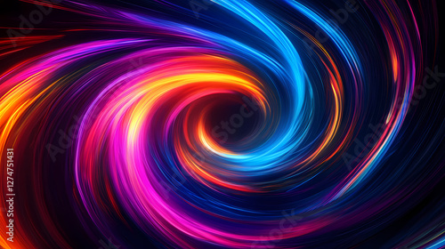 Vibrant abstract swirl of colorful light trails on a dark background, creating dynamic and fluid motion resembling neon waves. Electric Aurora Vortex. Illustration