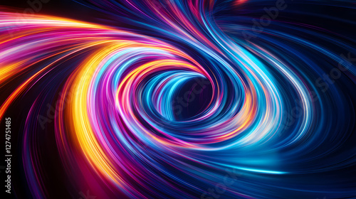 Vibrant abstract swirl of colorful light trails on a dark background, creating dynamic and fluid motion resembling neon waves. Electric Aurora Vortex. Illustration