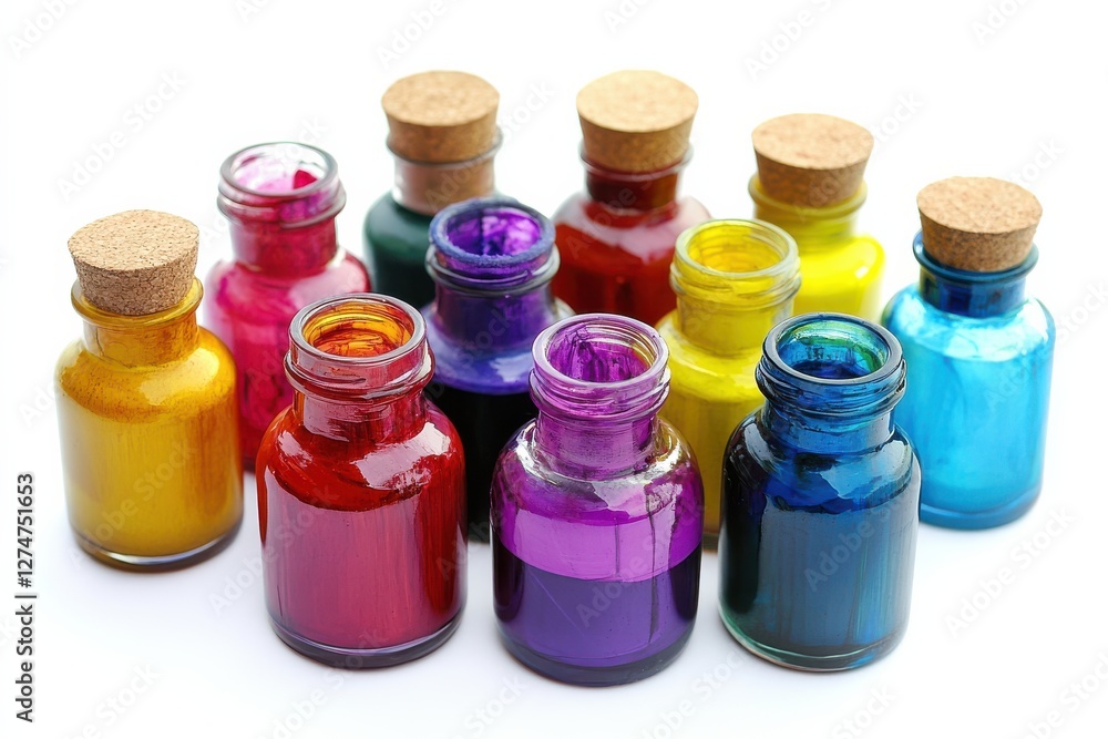 Vibrant glass jars filled with colorful paints lined up on a white background isolated on transparent background Vibrant glass jars filled with colorful paints lined up on a white background isolated on transparent background