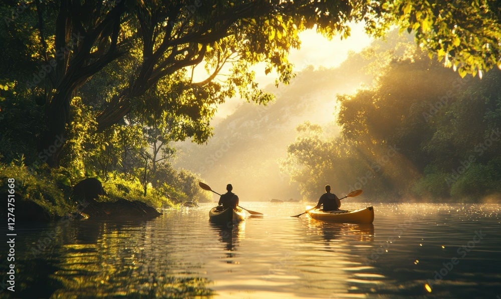 Couple kayaking on a tranquil lake surrounded by lush forest, golden sunlight reflecting off the calm water surfac Couple kayaking on a tranquil lake surrounded by lush forest, golden sunlight reflecting off the calm water surfac