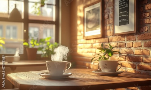 Wallpaper Mural Cozy cafe with warm wooden interiors, steaming cups of hot cocoa on the table, soft morning light enhancing the comforting scen Torontodigital.ca