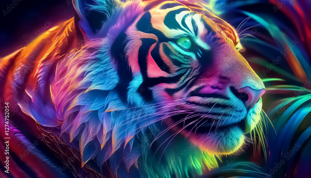 Fototapeta Vibrant Neon Tiger Portrait - Digital Art with Glowing Colors and Details