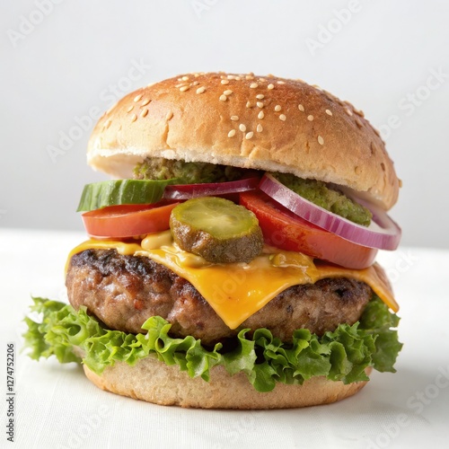 Juicy Burger Stacked High With Fresh Toppings on a Bun. Generative AI