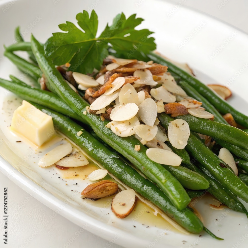 Delicious Green Beans Almondine Served With Butter. Generative AI Delicious Green Beans Almondine Served With Butter. Generative AI